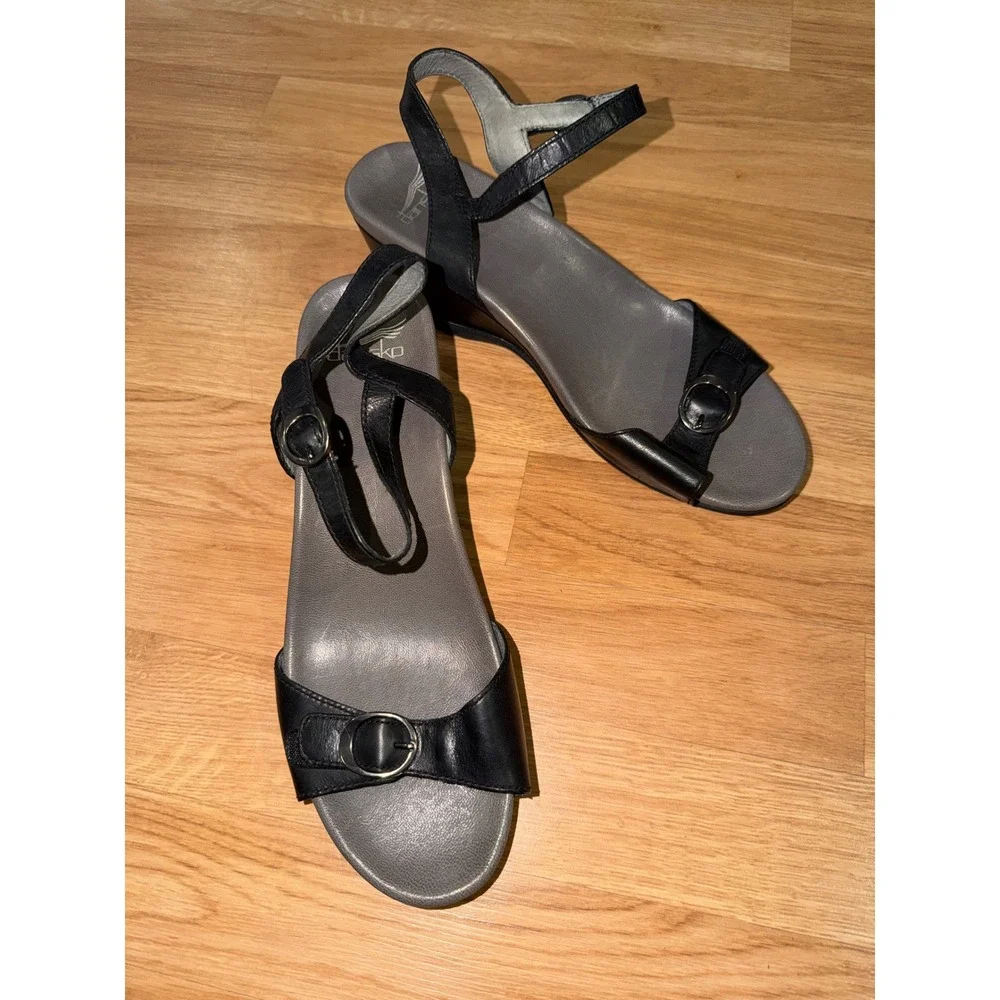 Dansko Black Leather Wedge Sandals Ankle Strap Buckle Women 41 US 10-10.5
